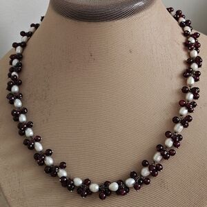 Vintage Y2K Genuine Garnet & Cultured Pearls Sterling Silver Necklace